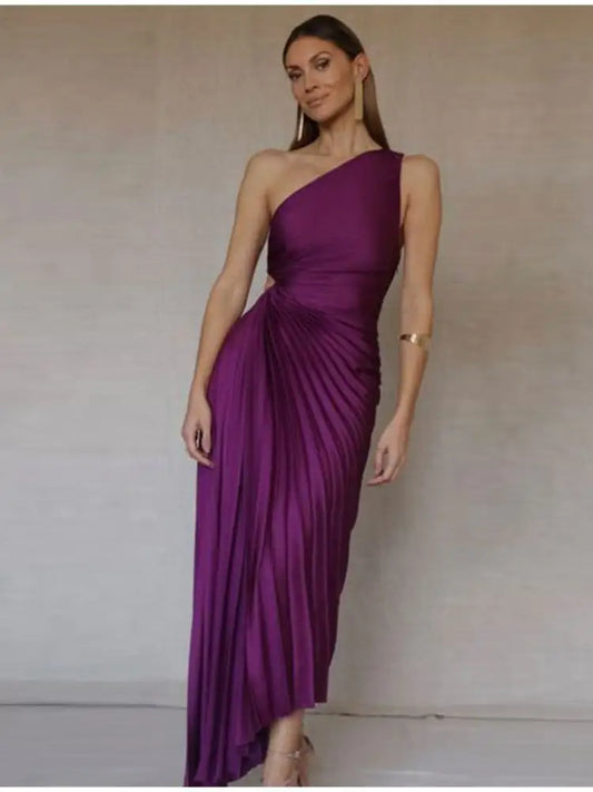 One Shoulder Pleated Maxi Dress